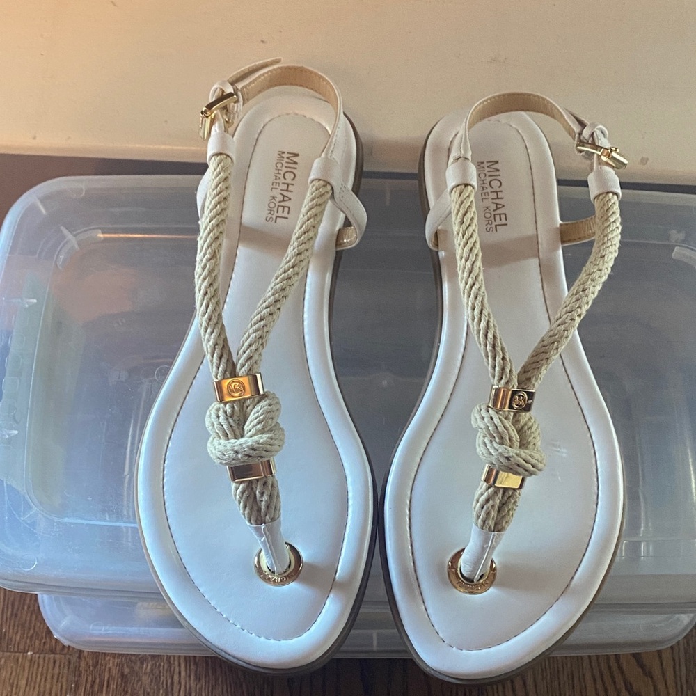 Used Michael Kors Women's Sandals with Cream and Gold Accents